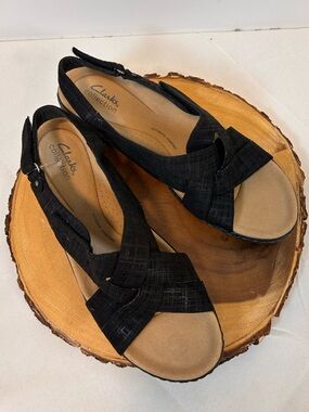 Clarks Women's Merliah Echo Black Plaid Block Heel Sandals Velcro close Size 10
